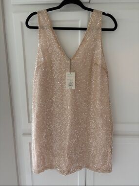 A New Day Champagne Sequin V-Neck Mini Dress. NEW with TAGS sz MEDIUM